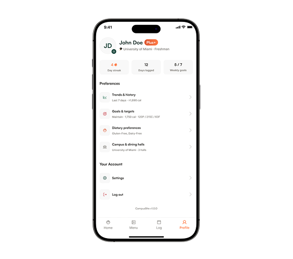CampusBite profile and trends screen